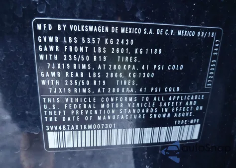 2019 Volkswagen Tiguan 2.0T Sel Premium/2.0T Sel Premium R-Line from USA, damaged, VIN 3VV4B7AX1KM007301